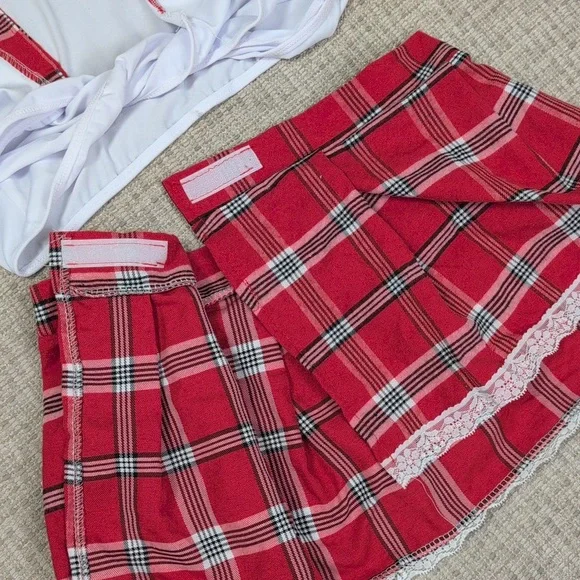 Schoolgirl Crop Top and Plaid Skirt Set - Picture 5 of 9